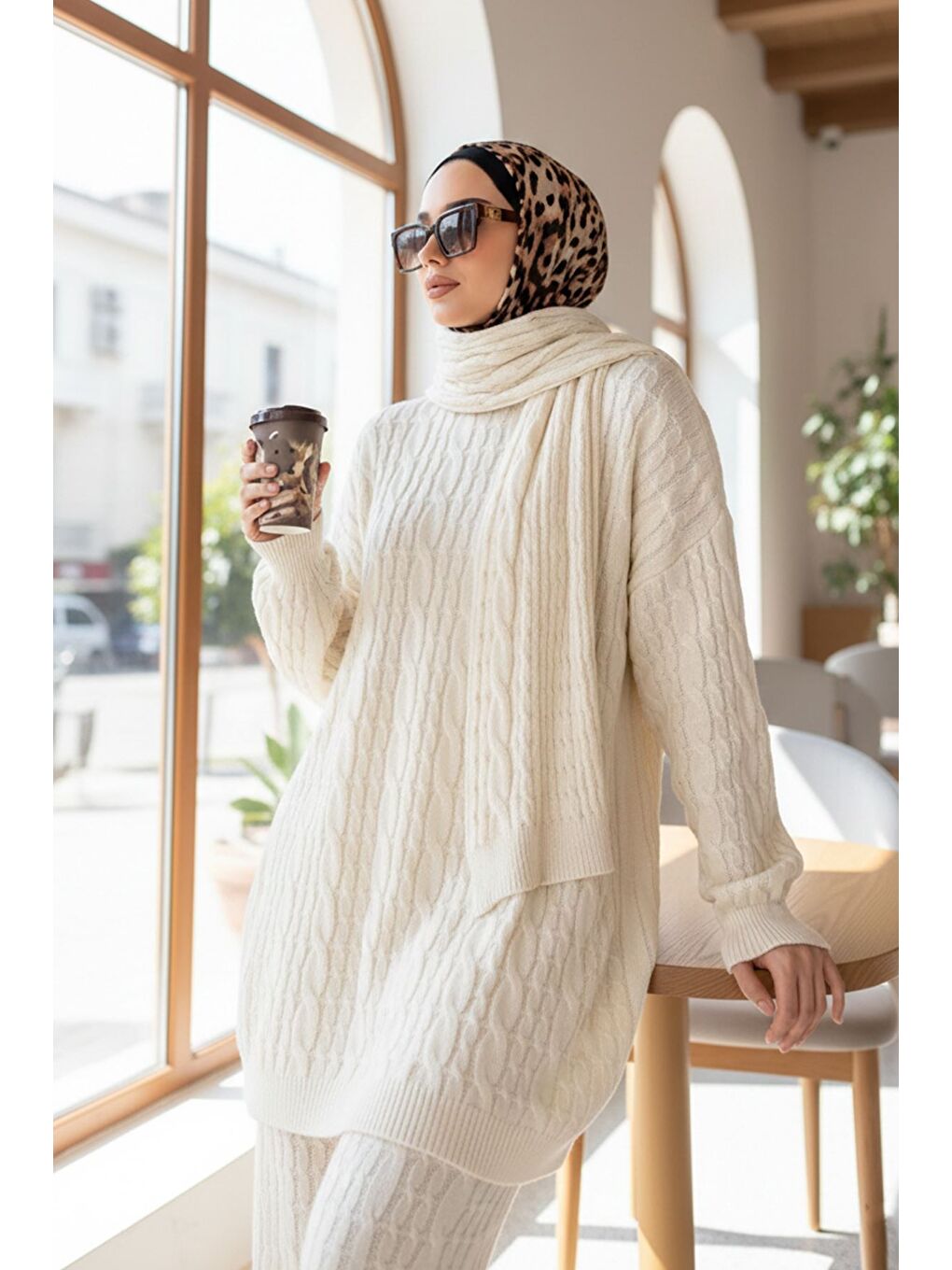 Ekru Saç Örgülü Atkılı Tunik Pantolon Tesettür Triko Üçlü Takım-6