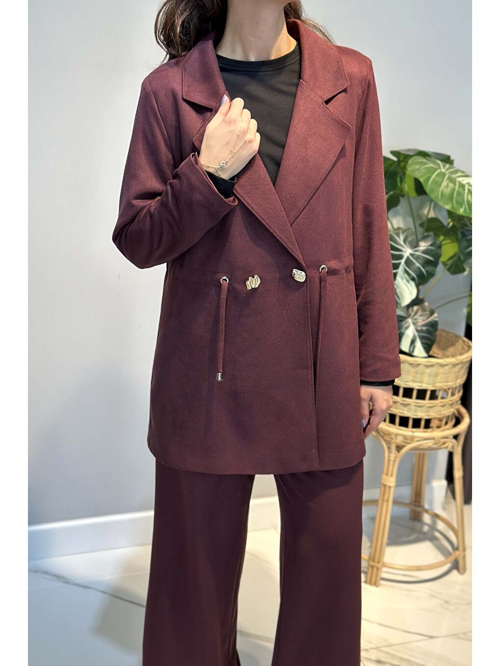 Kadın Örme Cupra Blazer Ceket Pantolon Takım 7372 Bordo-1