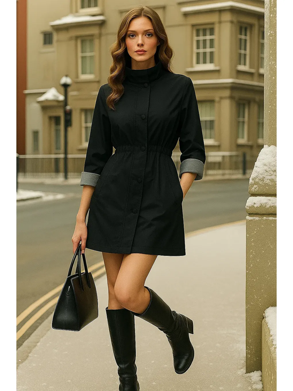 Kadın Kışlık Çizgili Siyah Kısa Trençkot-2