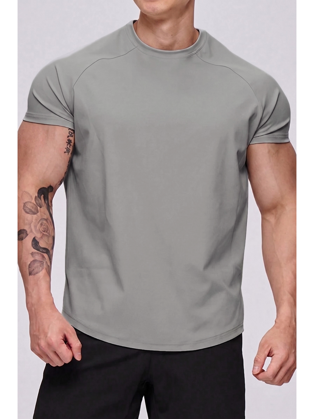 Gri Erkek Spor Tişört Running Sports Gym Reglan Oval Kesim Penye Tişört OVALTişört-1