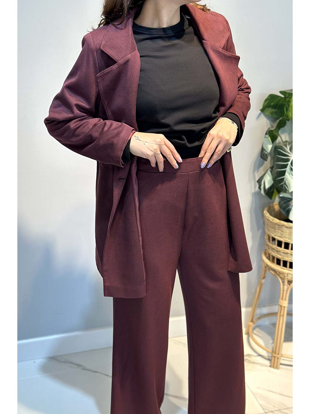 Kadın Örme Cupra Blazer Ceket Pantolon Takım 7372 Bordo-2