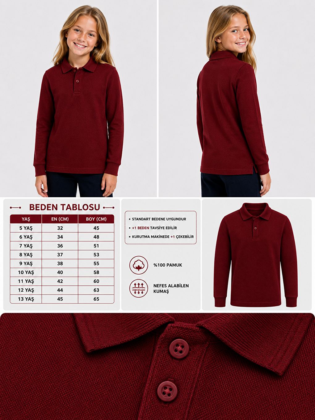 Bordo Kids Polo Yaka Basic Uzun Kollu Unisex Kız Çocuk Tişört-1