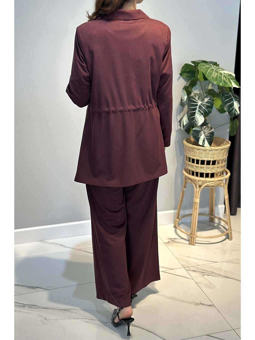 Kadın Örme Cupra Blazer Ceket Pantolon Takım 7372 Bordo-3