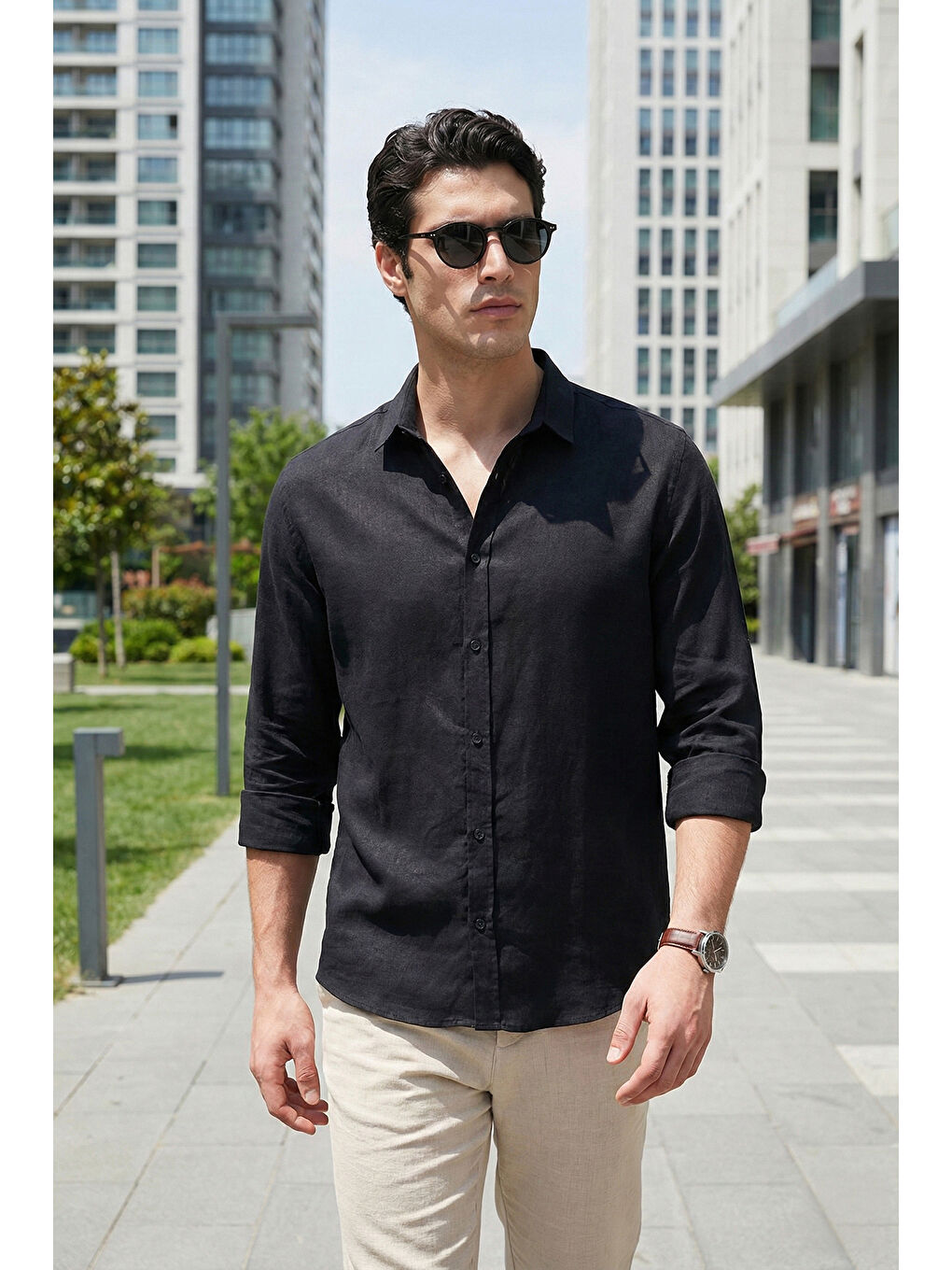 Siyah Pamuklu Regular Fit Klasik Yaka Uzun Kollu % 100 Keten Gömlek CF26S1210000-1