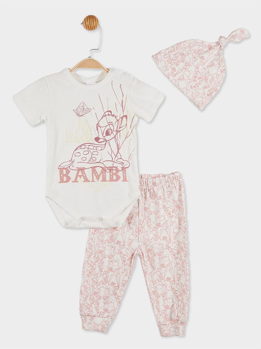 Ekru Bambi Lisanslı Kız Bebek Body Alt ve Şapka 3'lü Set 20820