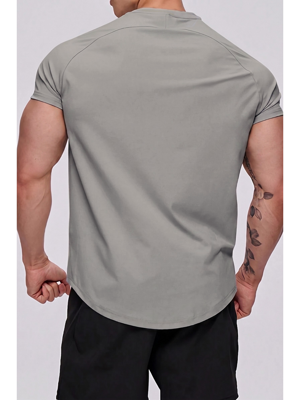 Gri Erkek Spor Tişört Running Sports Gym Reglan Oval Kesim Penye Tişört OVALTişört-2