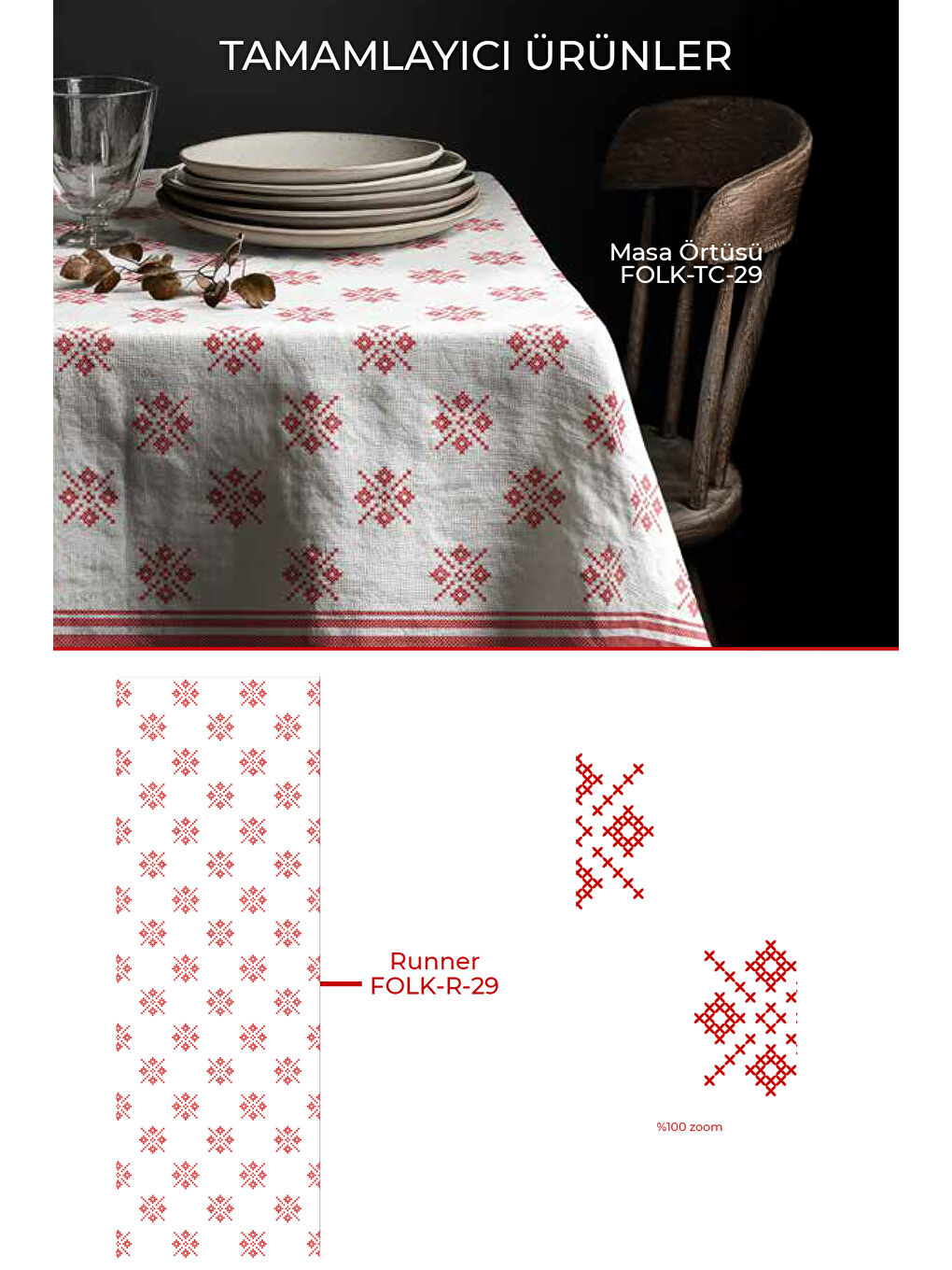 Loom Etamin Desenli Runner -Kırmızı/Beyaz-2