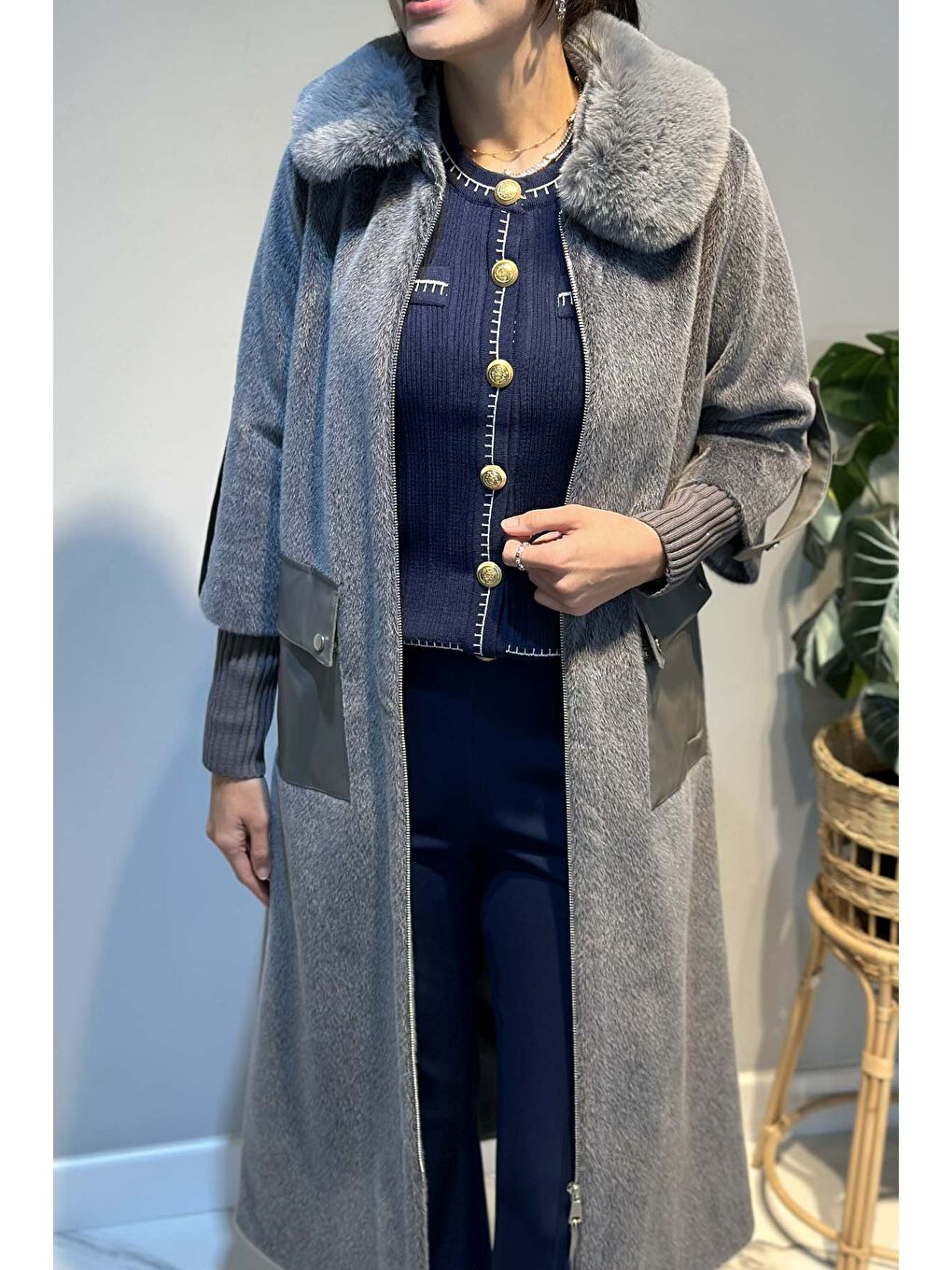 Deri Cep Detay Kürk Kaban 2596 Gri-2