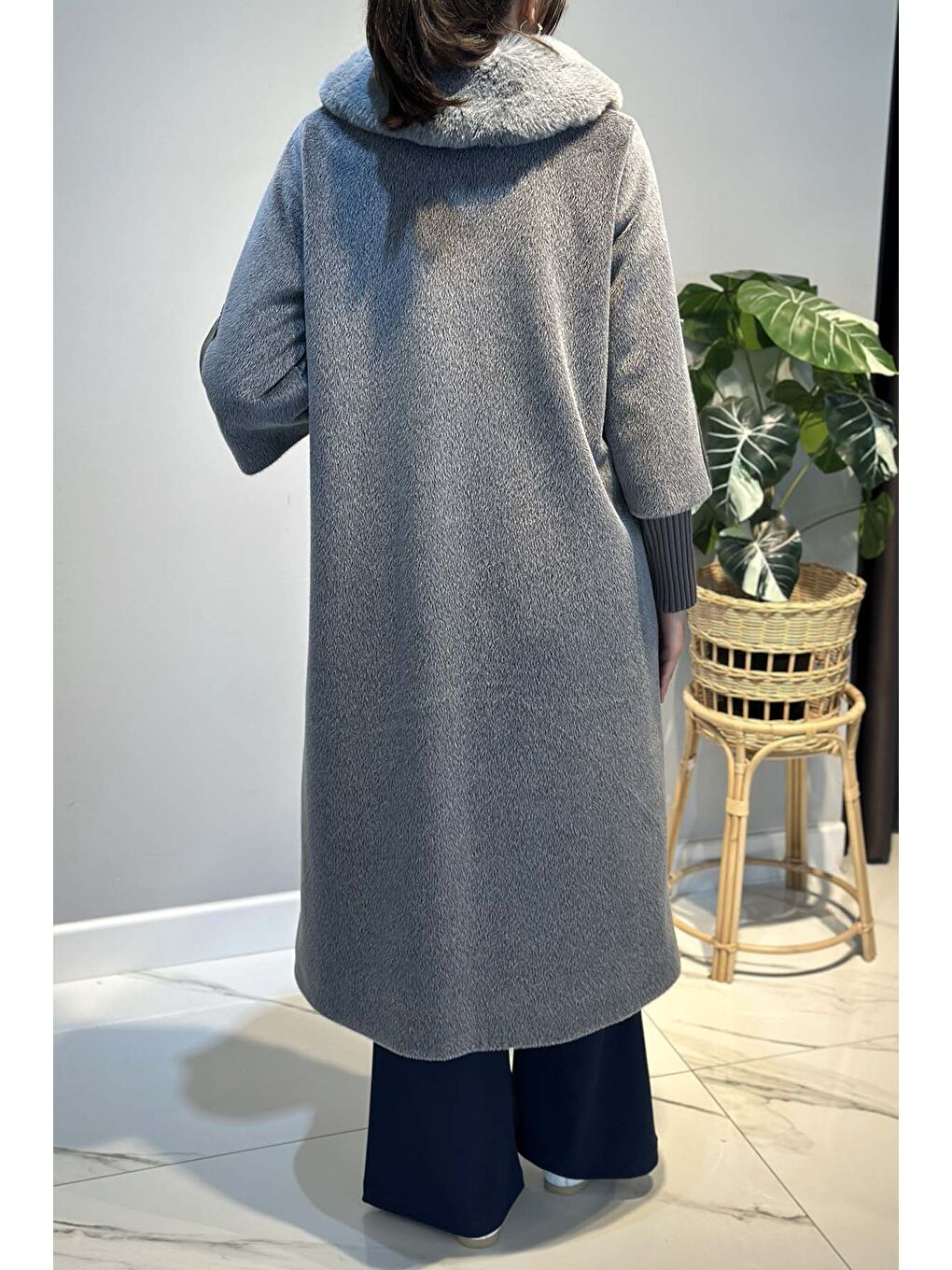 Deri Cep Detay Kürk Kaban 2596 Gri-3