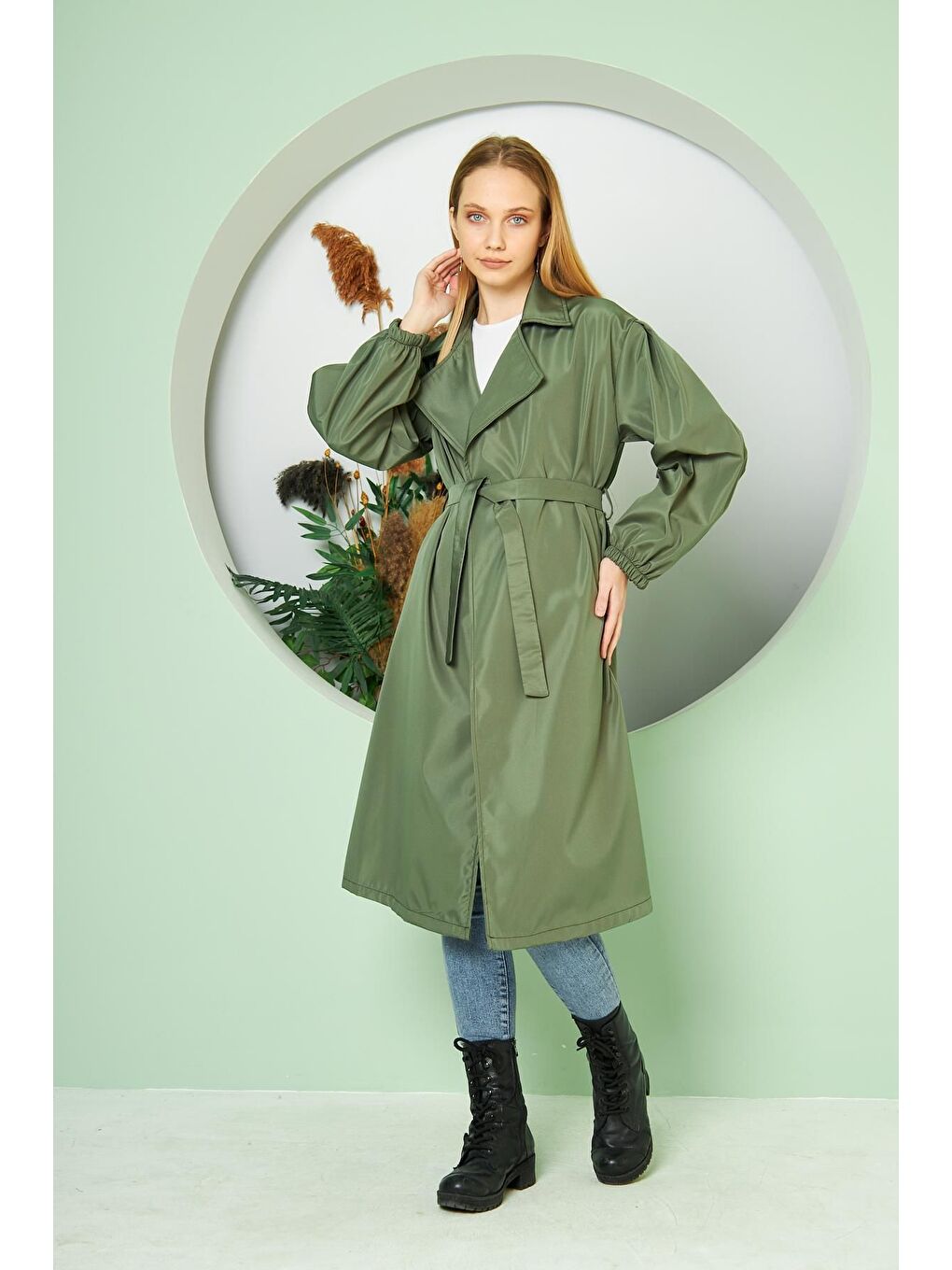 Haki Kadın Belden Bağlamalı Balon Kol Trenç