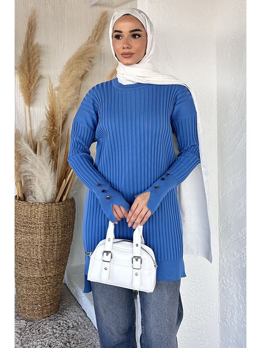 İndigo Gülseli Bisiklet Yaka Tesettür Triko Tunik-3