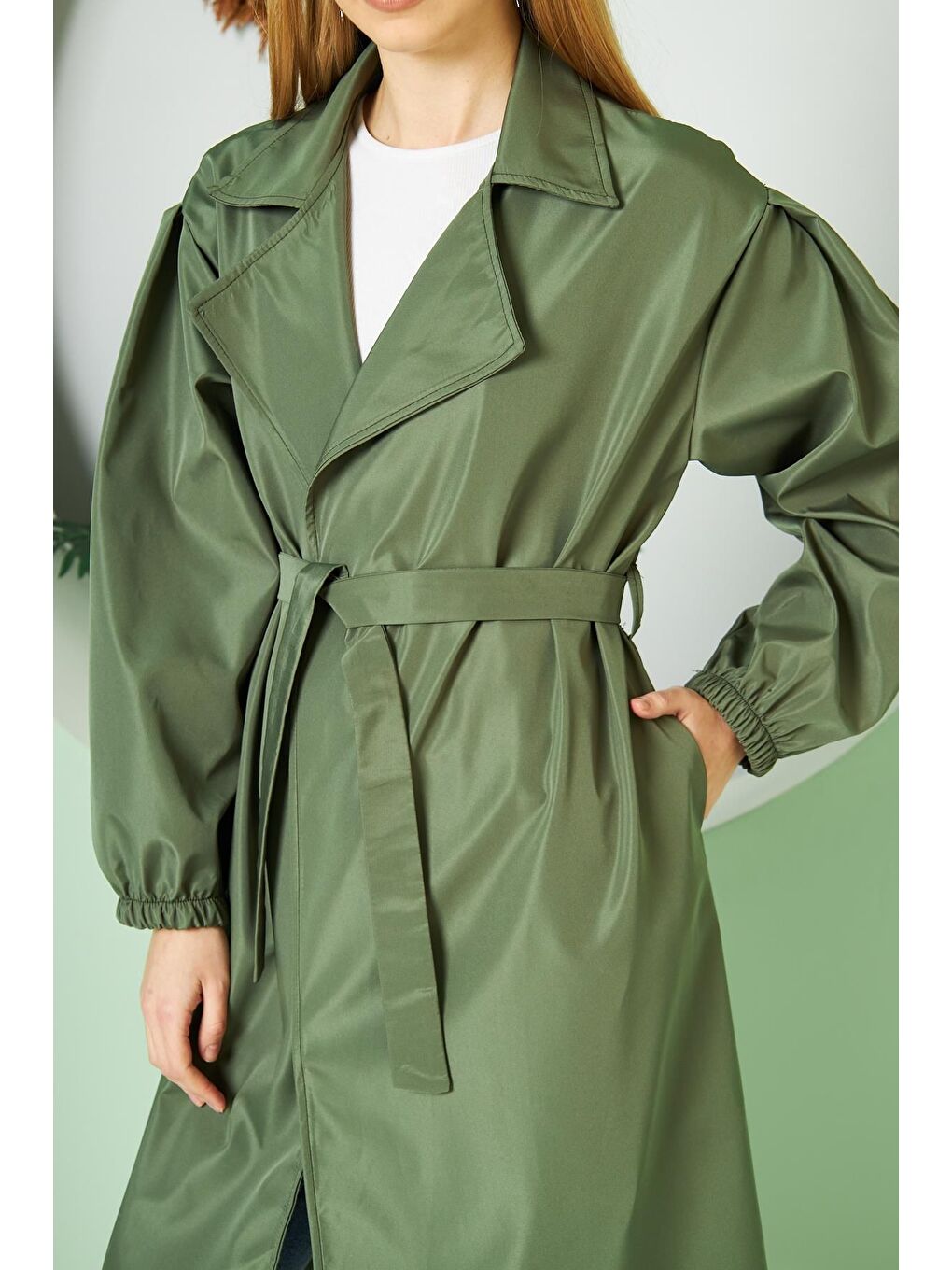 Haki Kadın Belden Bağlamalı Balon Kol Trenç-1