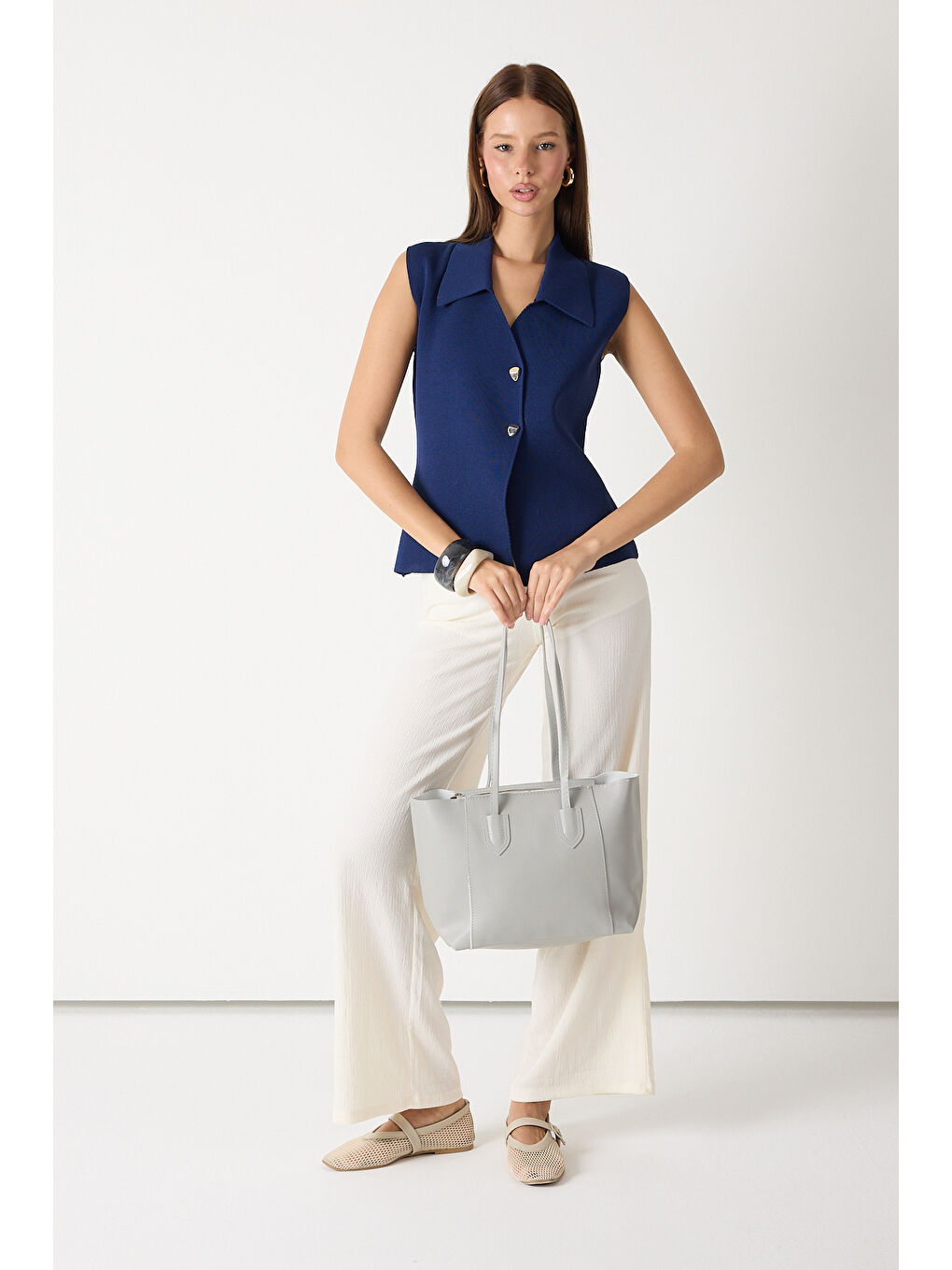 Kadın Açık Gri Çift Saplı Suni Deri Askılı El ve Omuz Çantası-1