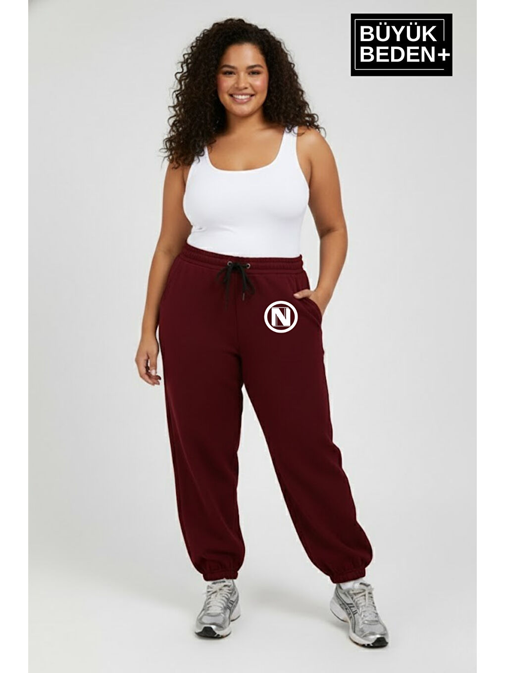 Bordo Kadın Büyük Beden N Logolu Paça Lastikli Rahat Kesim Jogger İnce Eşofman Altı SPR26BEAK951-4