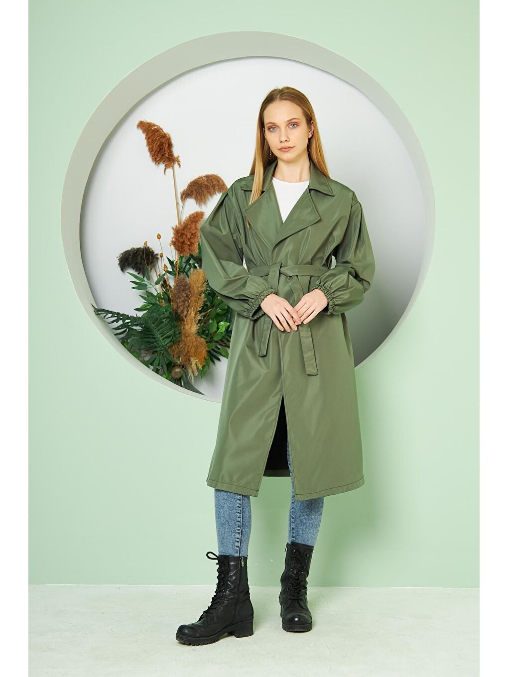 Haki Kadın Belden Bağlamalı Balon Kol Trenç-2