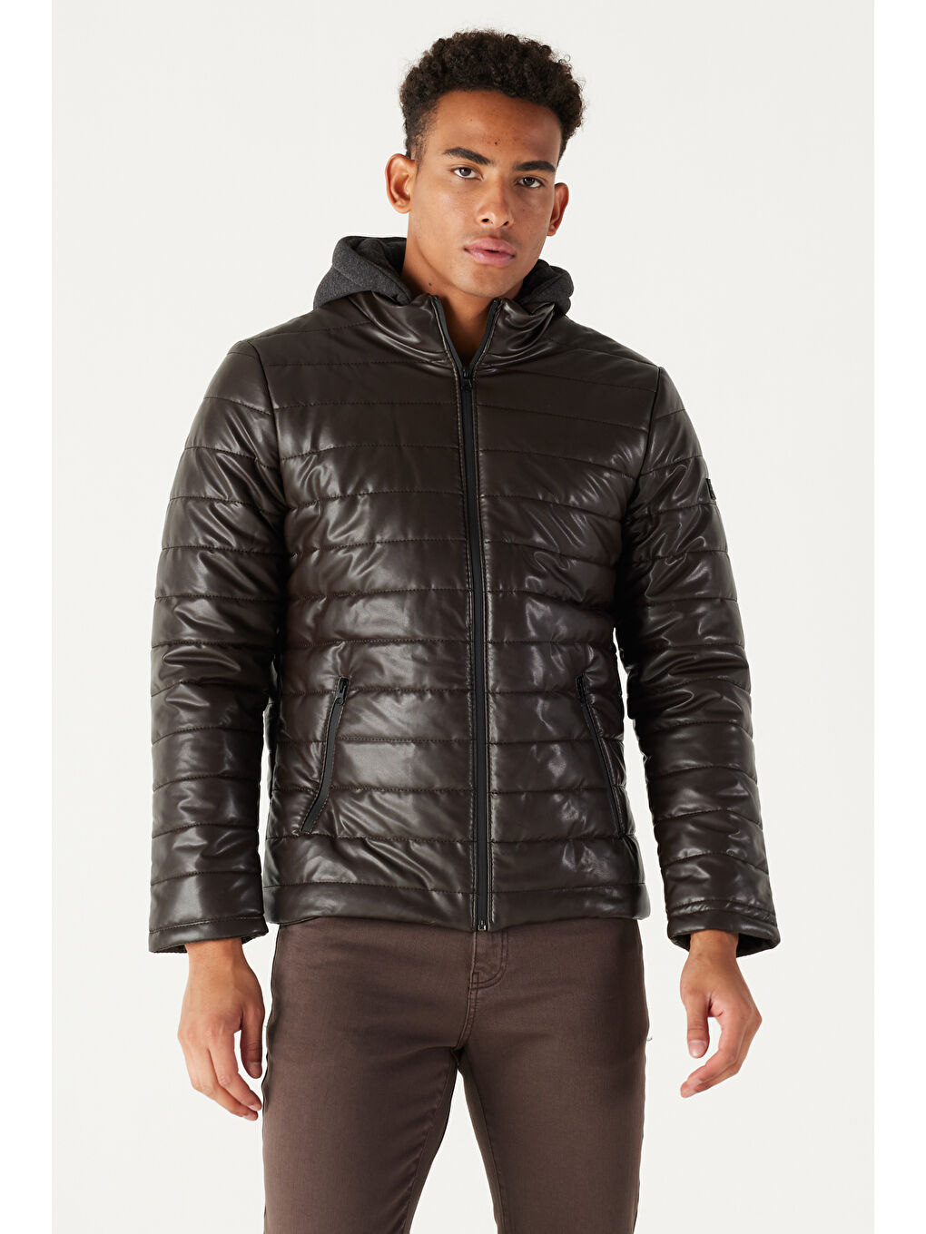 Erkek Kahverengi Standart Fit Normal Kesim Çıkarılabilir Kapüşonlu Mont-2