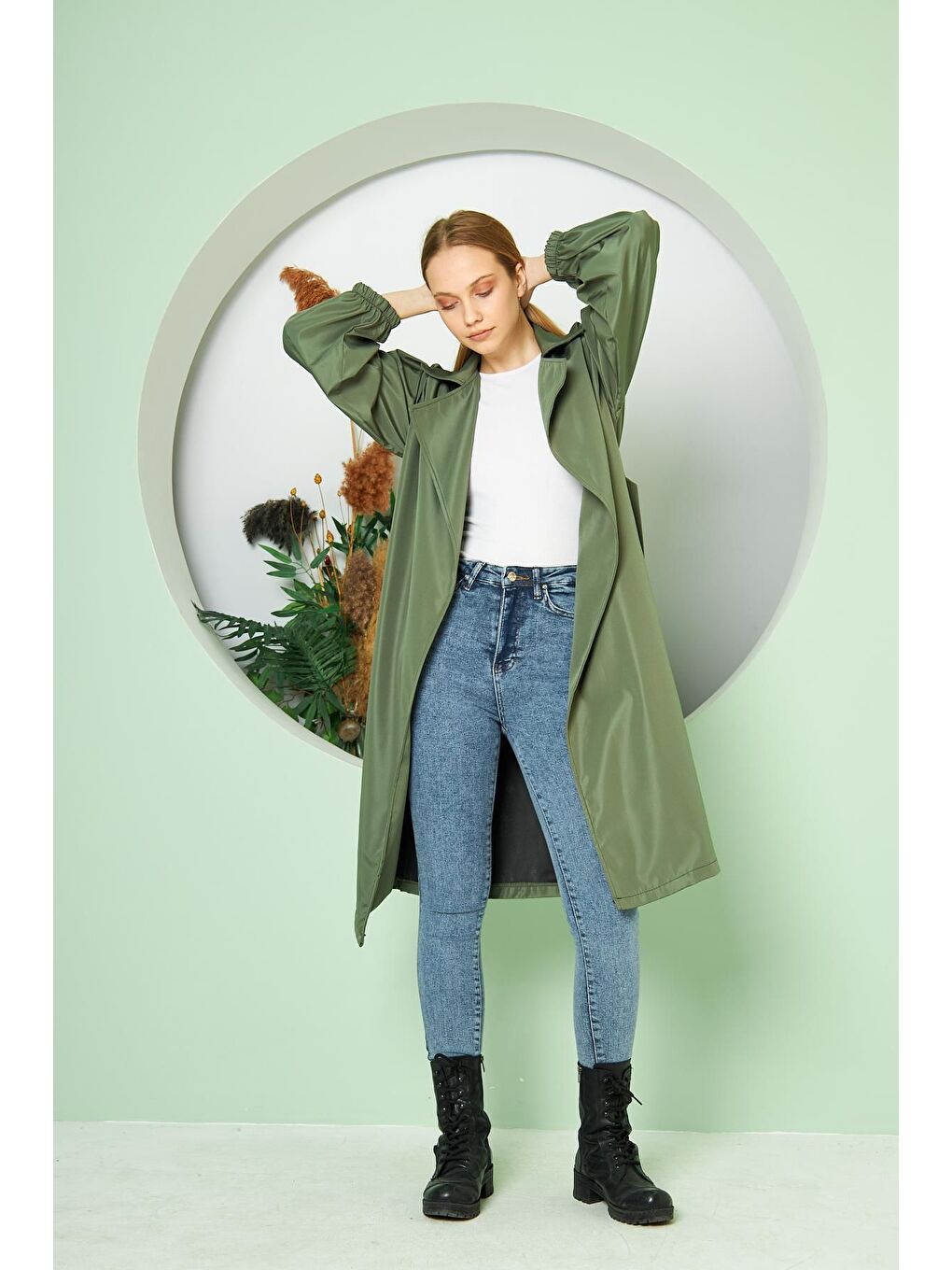 Haki Kadın Belden Bağlamalı Balon Kol Trenç-3