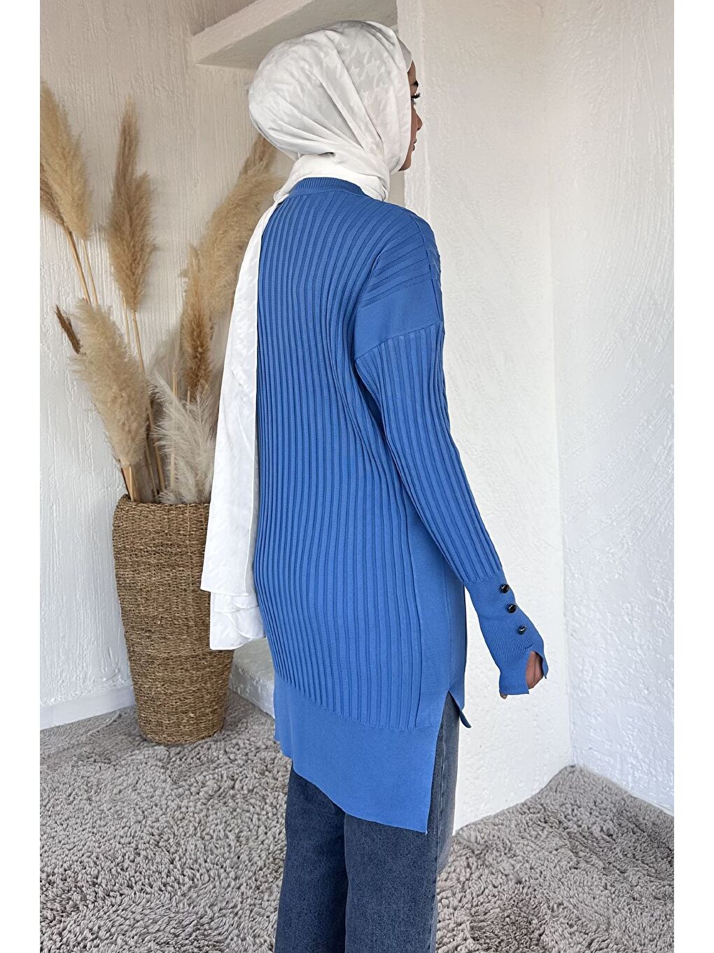 İndigo Gülseli Bisiklet Yaka Tesettür Triko Tunik-5