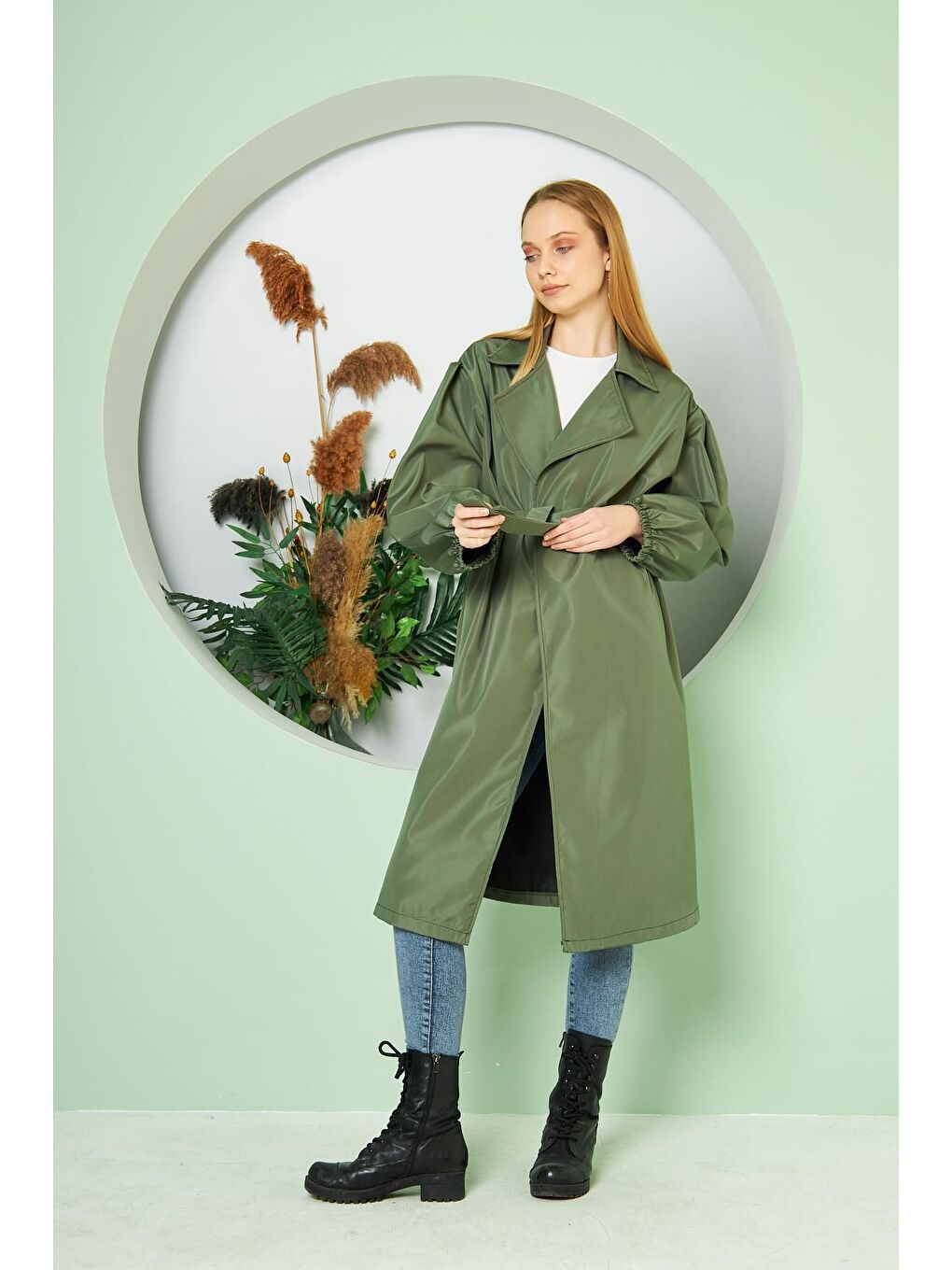 Haki Kadın Belden Bağlamalı Balon Kol Trenç-4