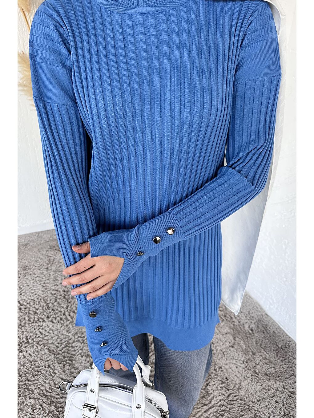 İndigo Gülseli Bisiklet Yaka Tesettür Triko Tunik-7