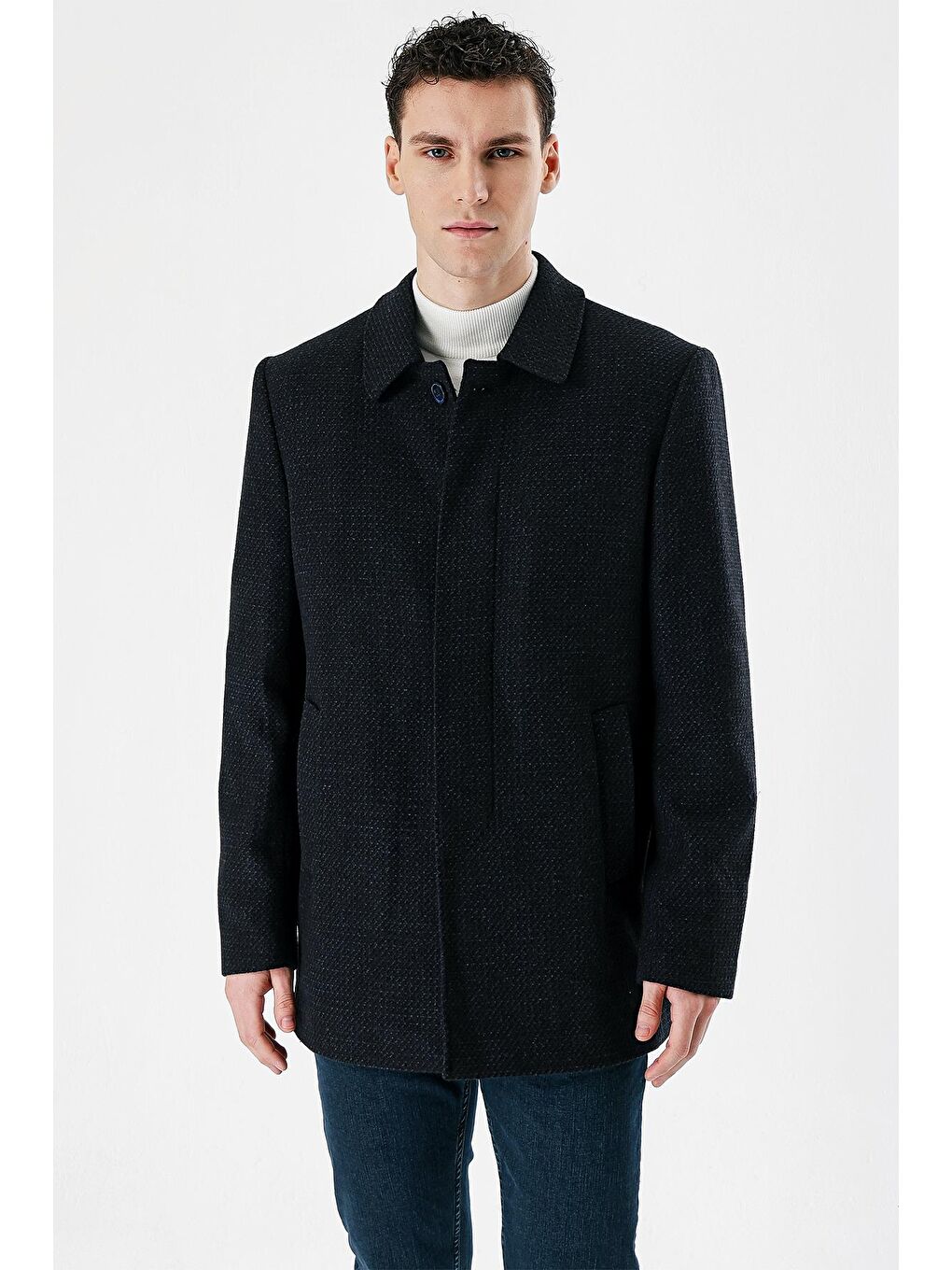 Lacivert Kaşe Yünlü Kapitoneli Astar Büyük Beden Comfort Fit Rahat Kesim Klasik Kaban 1008235170