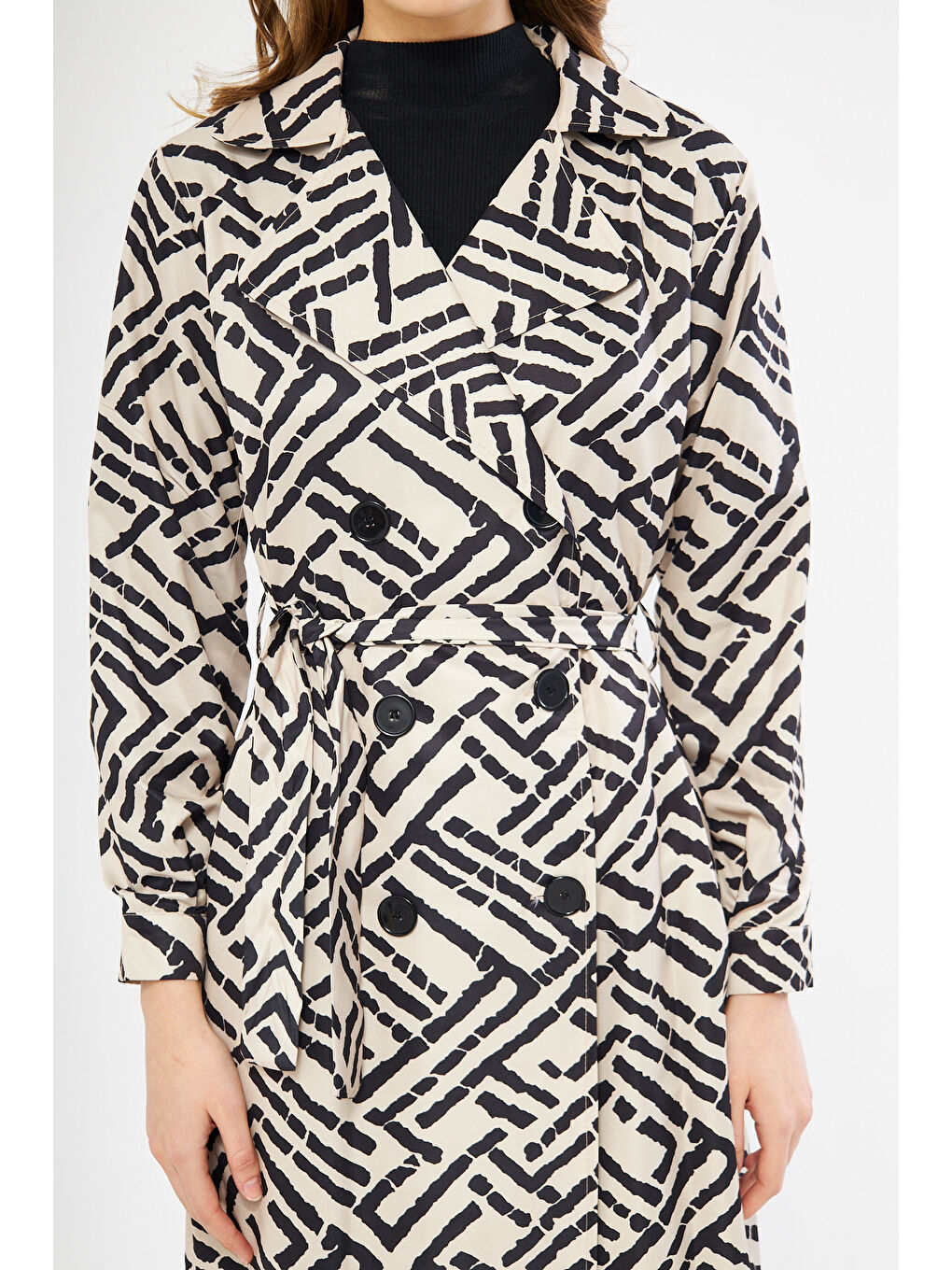 Ekru Astarsız Cepli Düğmeli Kuşaklı Yazlık Trenç-1