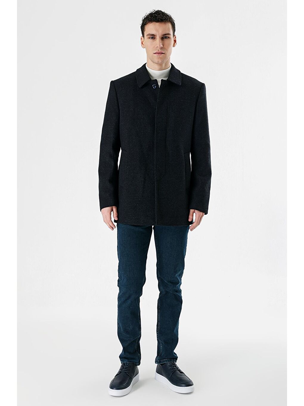 Lacivert Kaşe Yünlü Kapitoneli Astar Büyük Beden Comfort Fit Rahat Kesim Klasik Kaban 1008235170-5