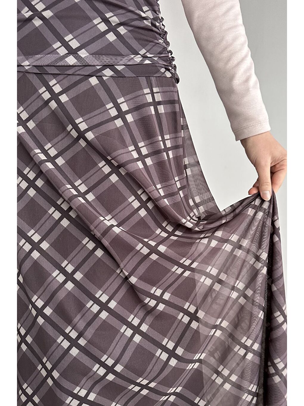 Kahverengi Bel Büzgü Detaylı Desenli Tesettür Kiloş Etek-6