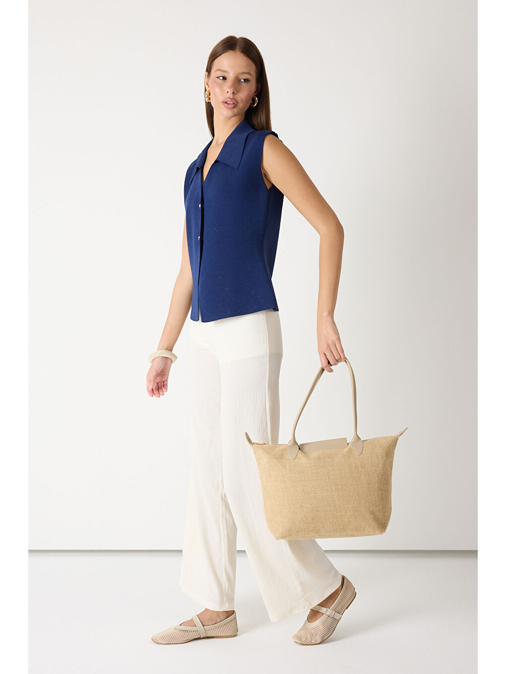 Ekru Kadın Krem Orta Boy Askılı Hasır El ve Omuz Çantası-1