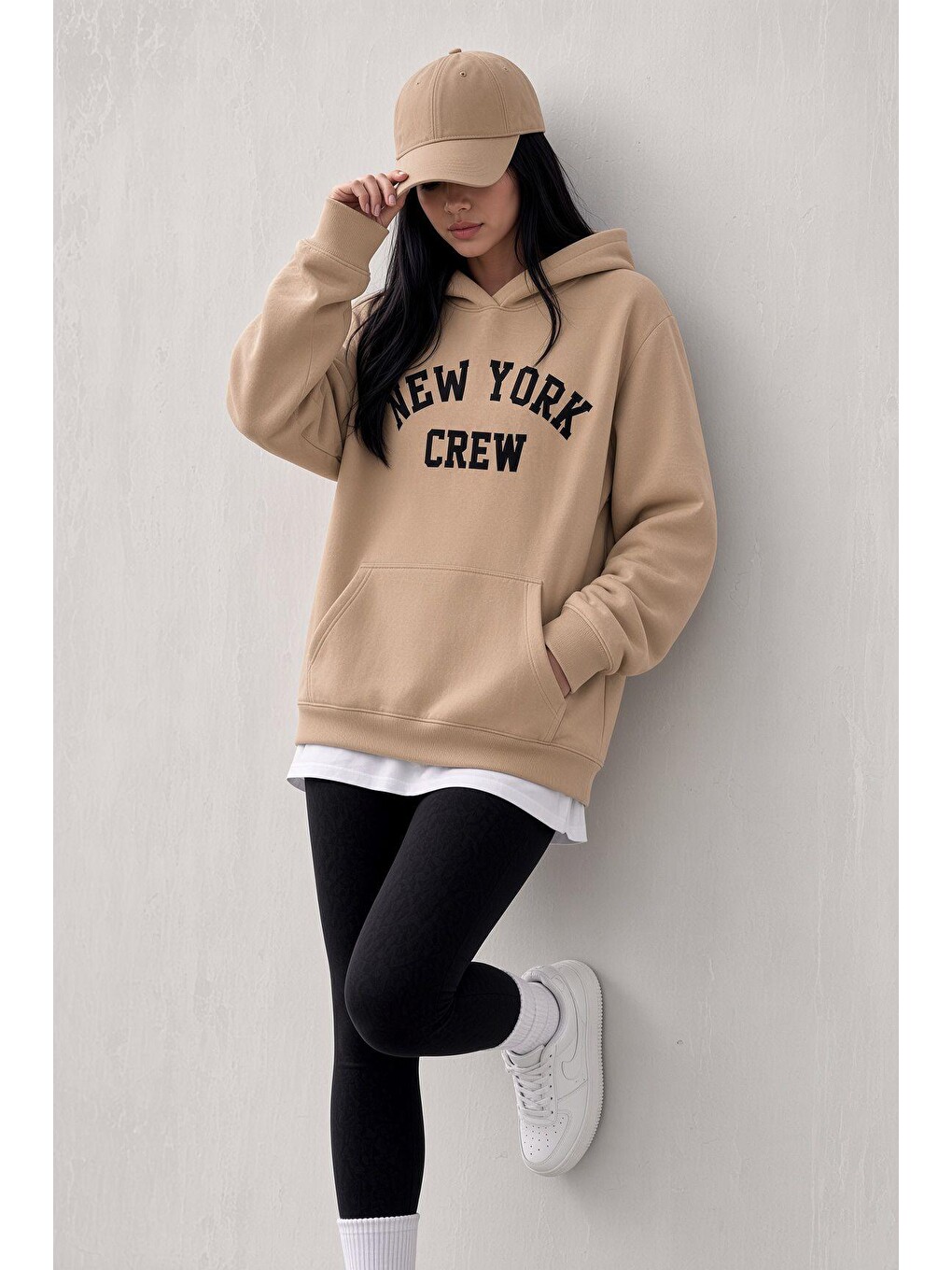 Bej Sw Unisex Oversize "new York Crew" Baskılı Kapüşonlu Kanguru Cep Sweatshirt