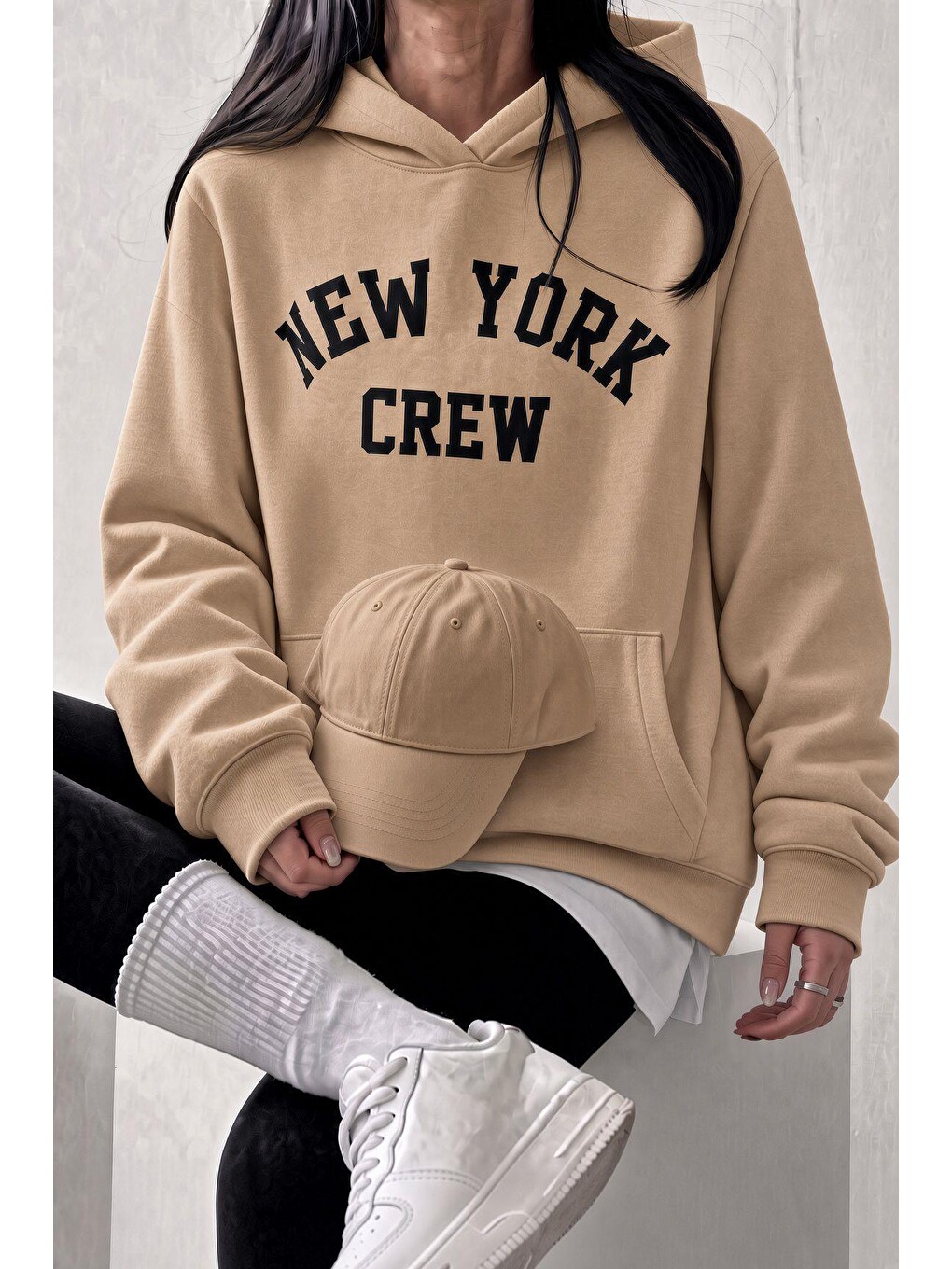 Bej Sw Unisex Oversize "new York Crew" Baskılı Kapüşonlu Kanguru Cep Sweatshirt-1