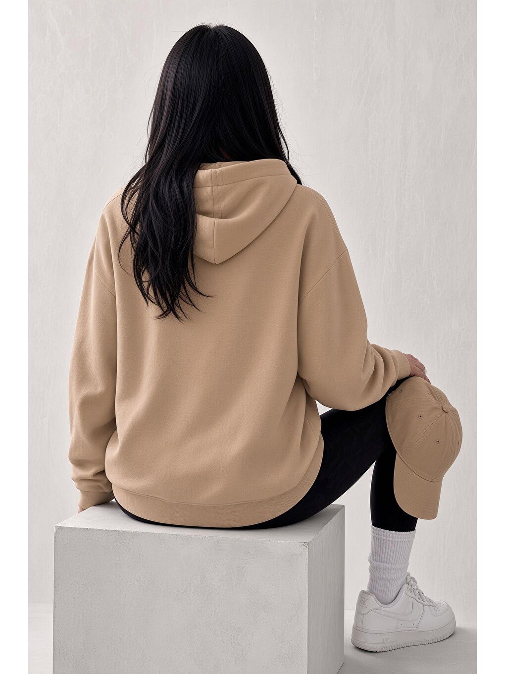 Bej Sw Unisex Oversize "new York Crew" Baskılı Kapüşonlu Kanguru Cep Sweatshirt-2