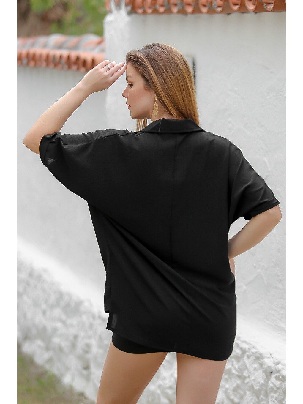 Siyah V Yaka Yarasa Kol Dokuma Casual Bluz-7
