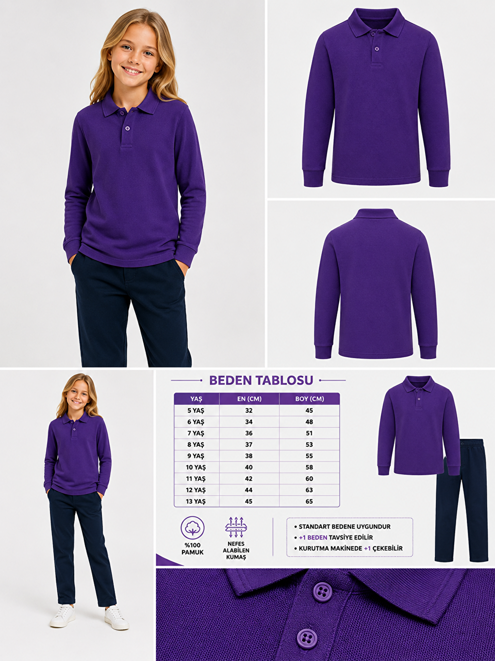 Mor Kids Polo Yaka Basic Uzun Kollu Unisex Kız Çocuk Tişört-1