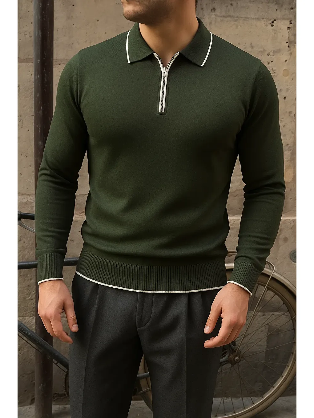Erkek Günlük Çizgili Trend Haki Polo Yaka Kazak