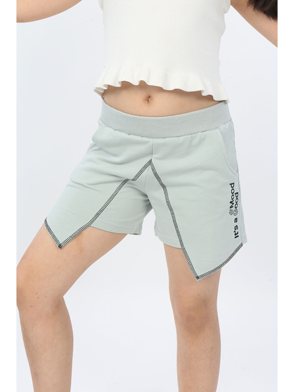 Gri Kız Çocuk Mood It S A Good Nakışlı Şort-3