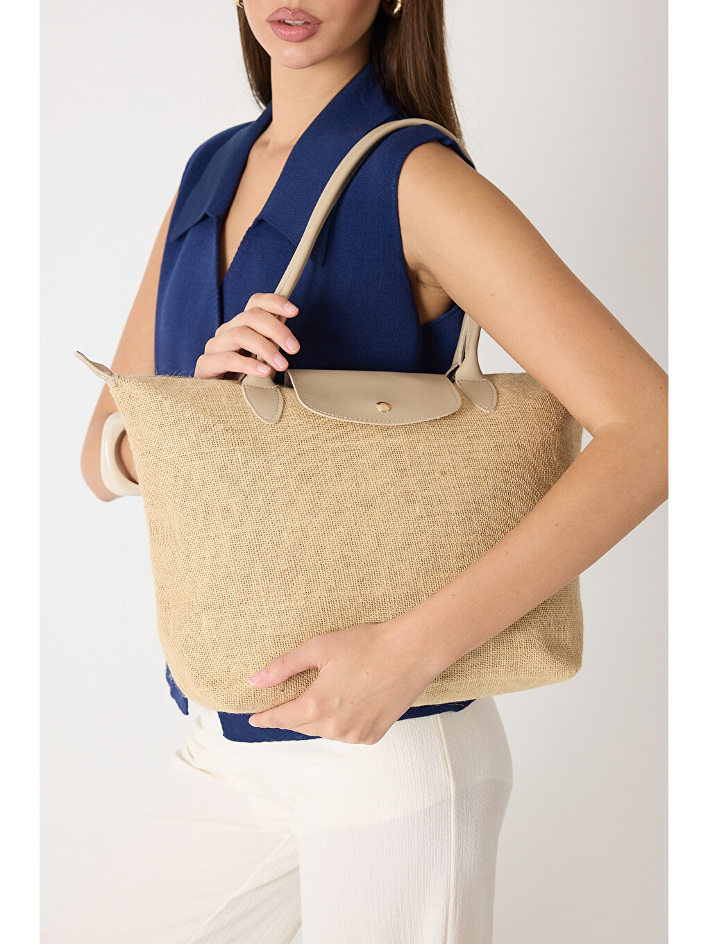 Ekru Kadın Krem Orta Boy Askılı Hasır El ve Omuz Çantası-2