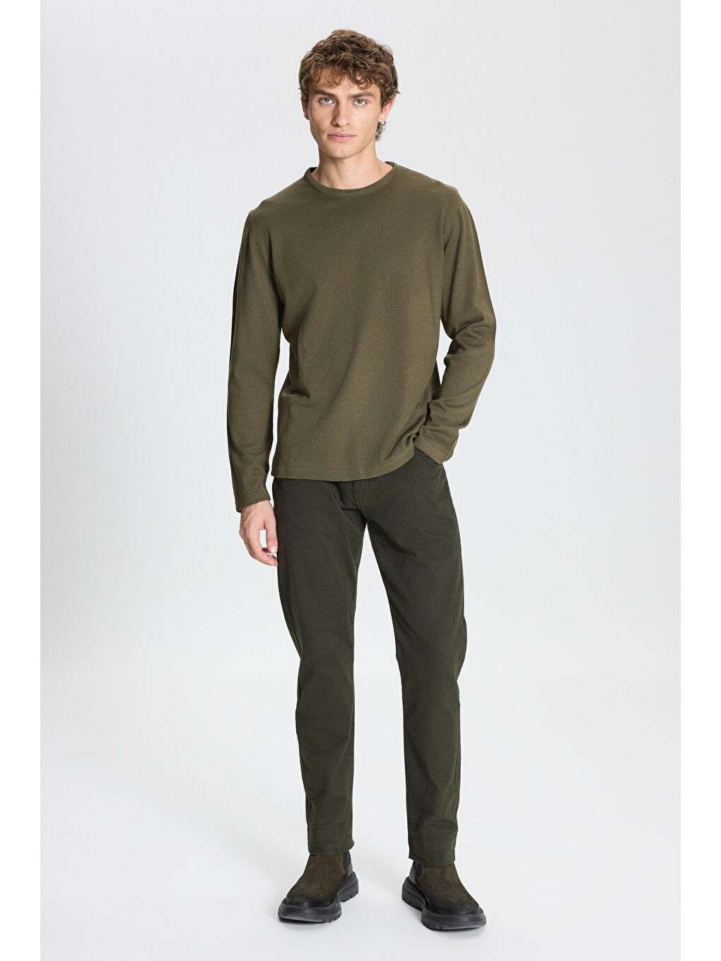 Erkek Haki Standart Fit Normal Kesim Bisiklet Yaka Triko Kazak-1