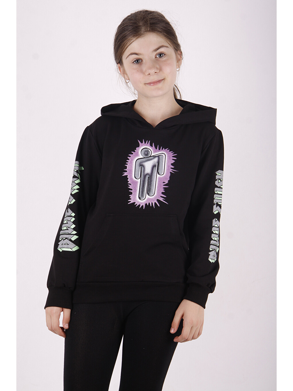 Siyah Kız Çocuk Billie Eilish Baskılı Sweatshirt