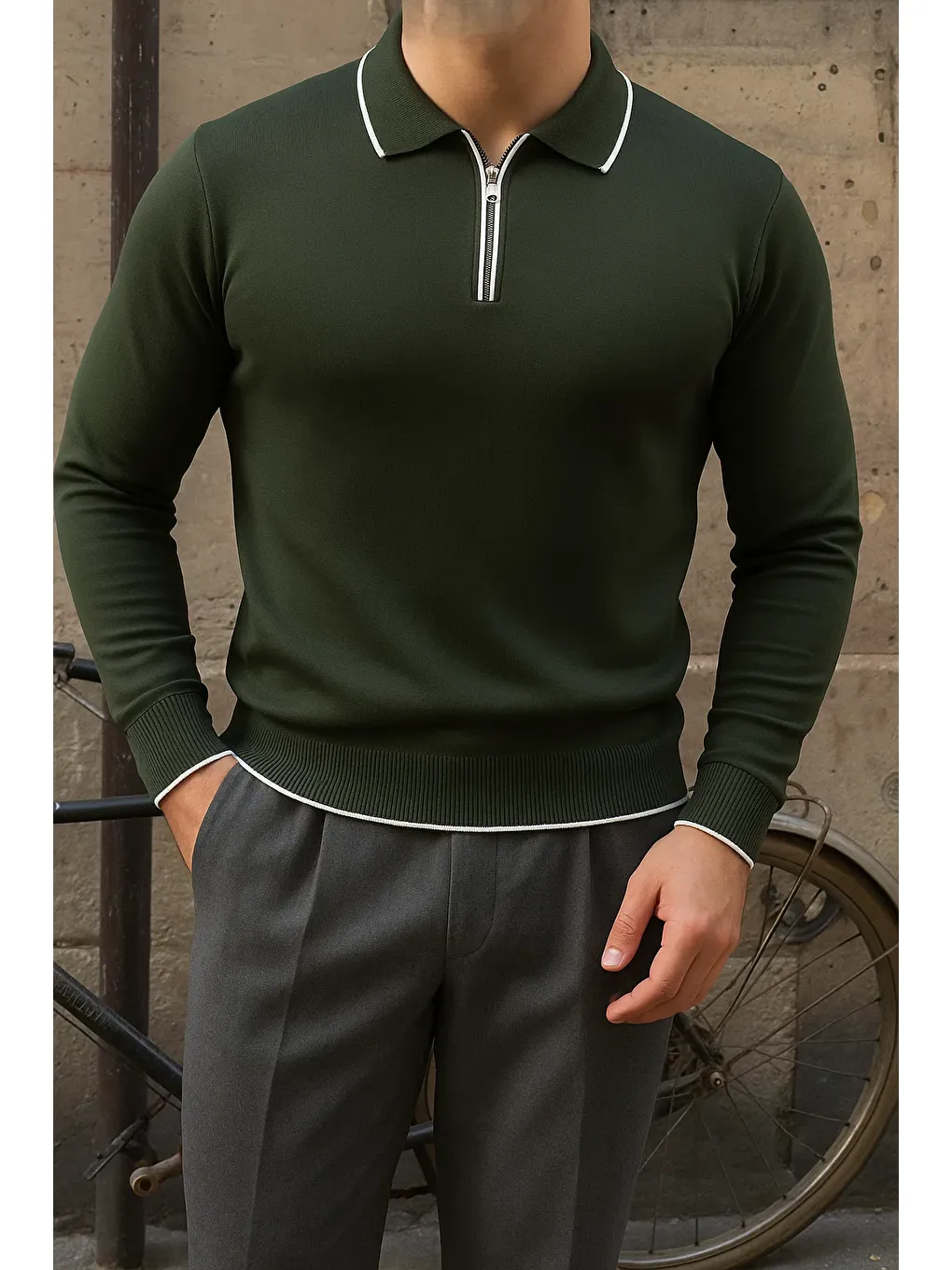 Erkek Günlük Çizgili Trend Haki Polo Yaka Kazak-1