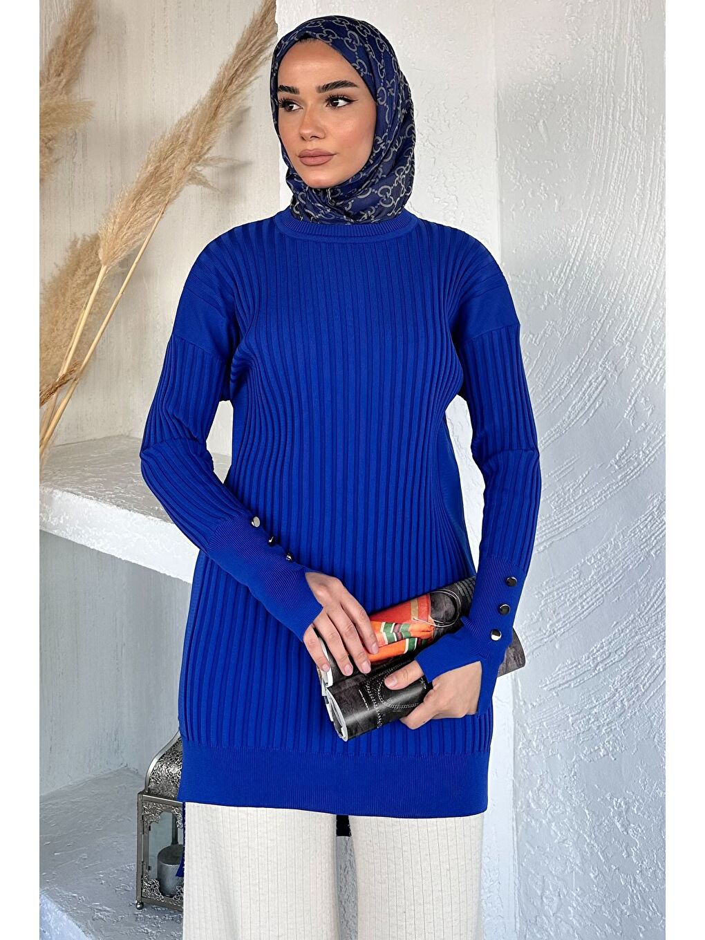 Mavi Gülseli Bisiklet Yaka Tesettür Triko Tunik-3