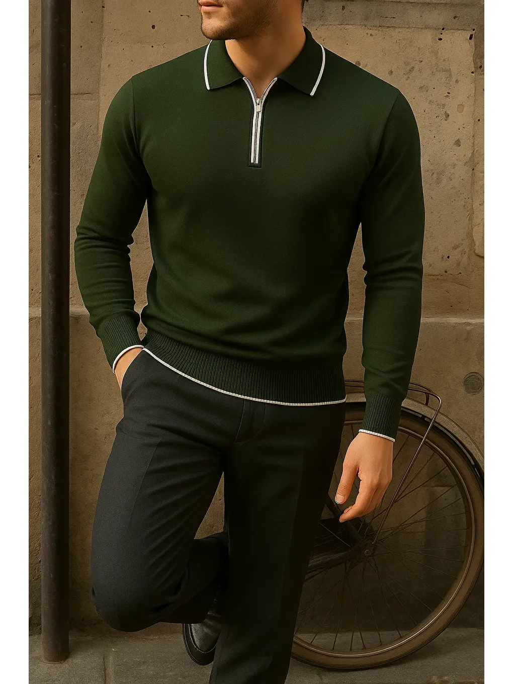 Erkek Günlük Çizgili Trend Haki Polo Yaka Kazak-2