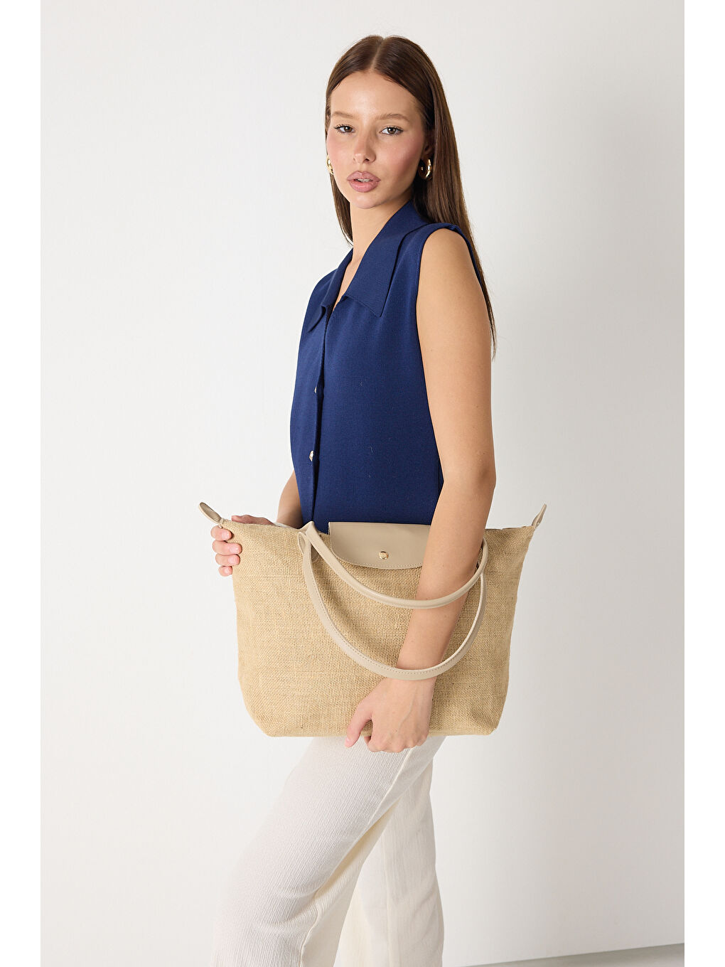 Ekru Kadın Krem Orta Boy Askılı Hasır El ve Omuz Çantası-3