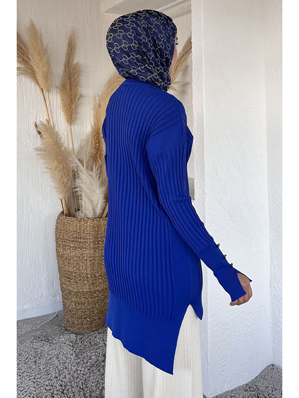 Mavi Gülseli Bisiklet Yaka Tesettür Triko Tunik-5