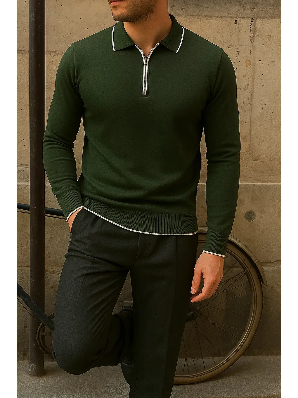 Erkek Günlük Çizgili Trend Haki Polo Yaka Kazak-3