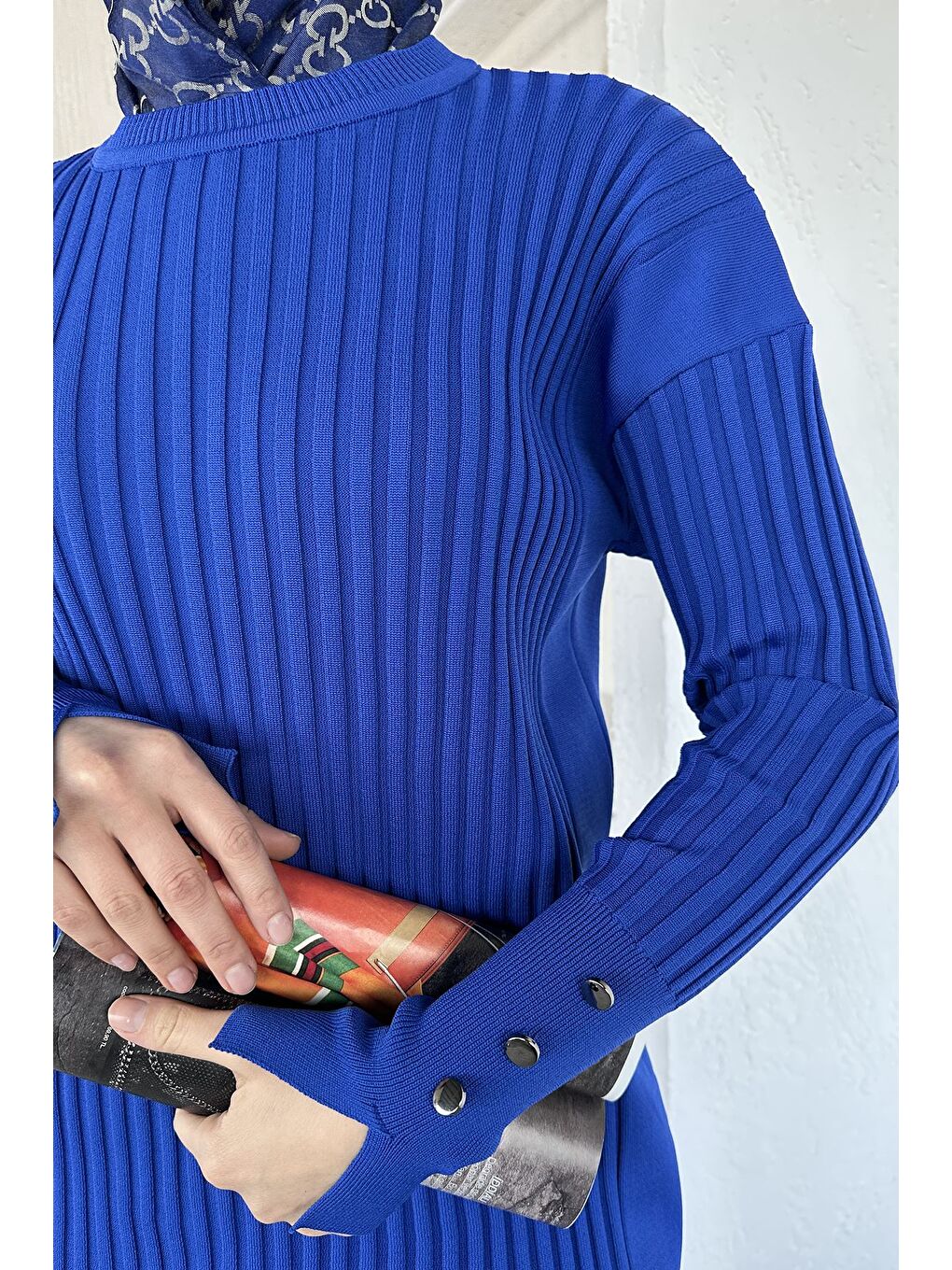 Mavi Gülseli Bisiklet Yaka Tesettür Triko Tunik-6