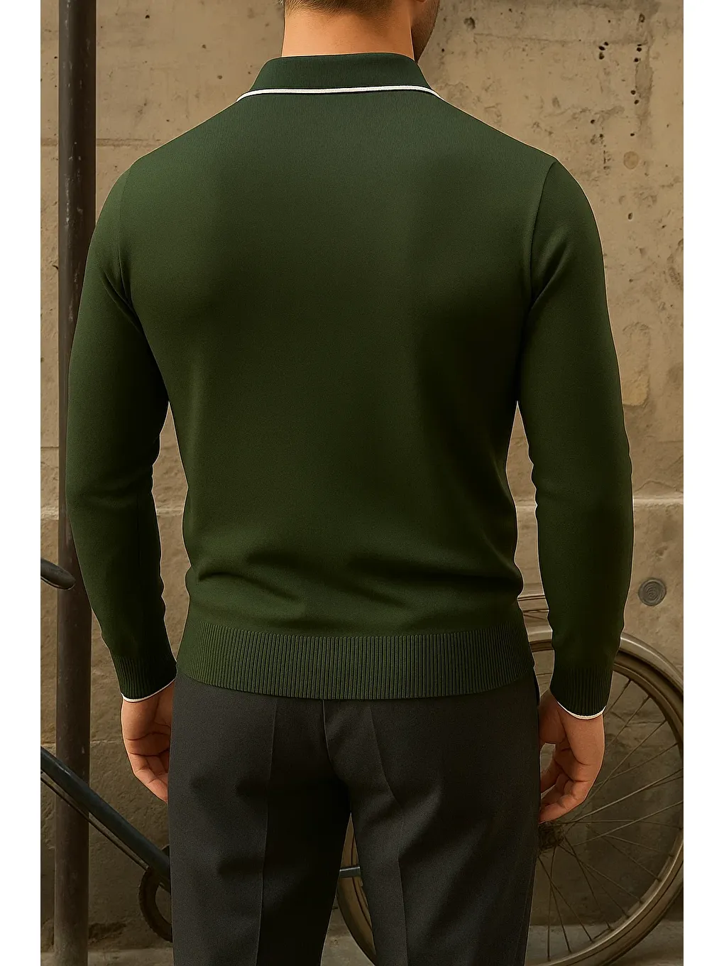 Erkek Günlük Çizgili Trend Haki Polo Yaka Kazak-4