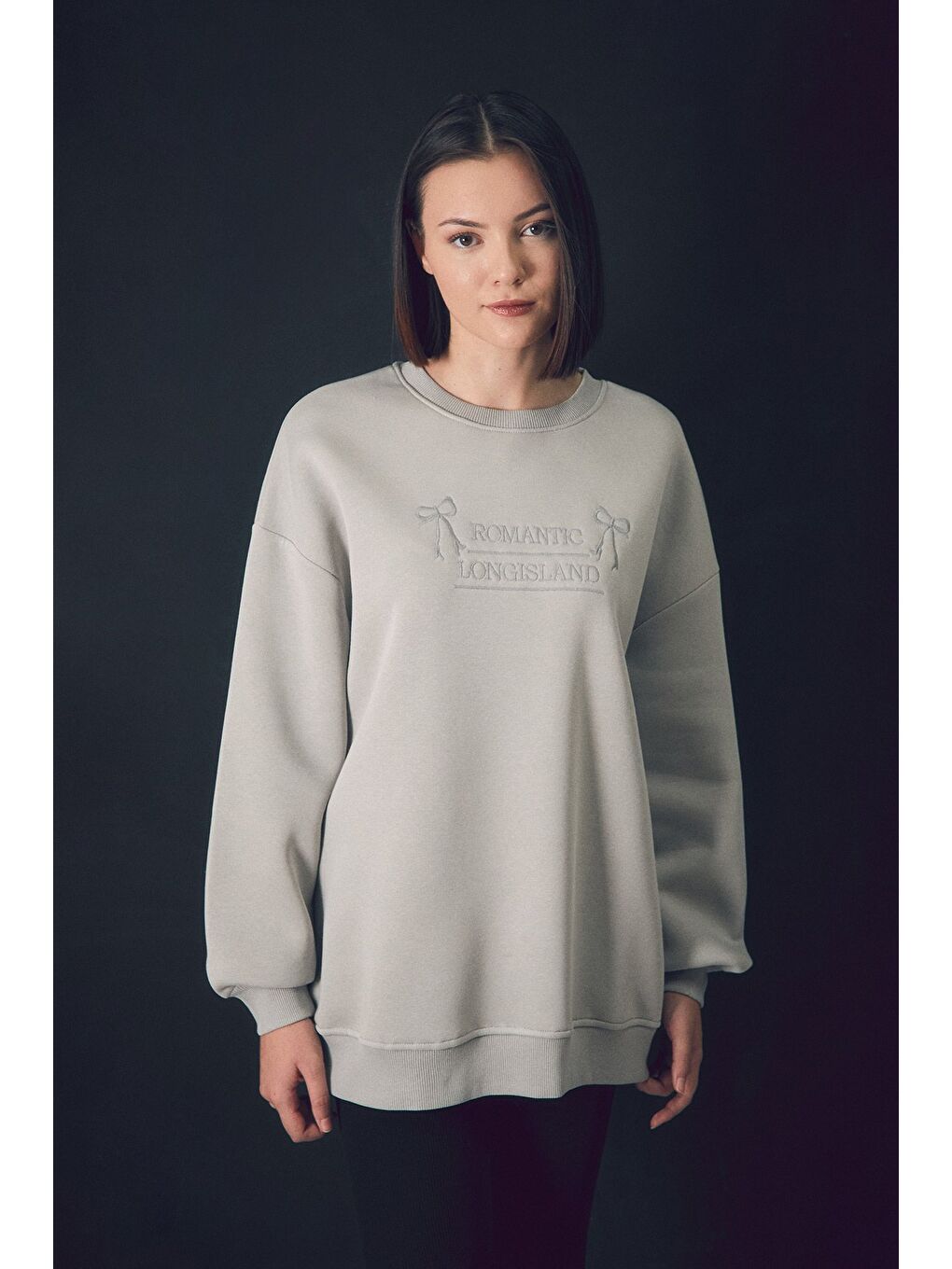 Fullamoda Gri Yazı Nakışlı Bisiklet Yaka Oversize Sweatshirt