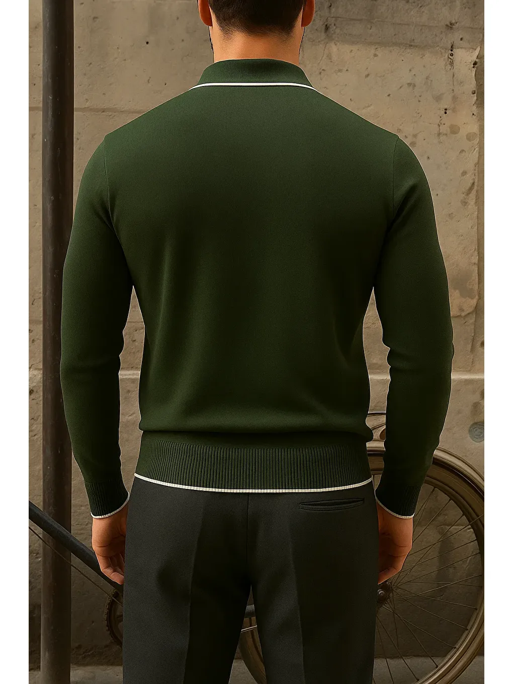 Erkek Günlük Çizgili Trend Haki Polo Yaka Kazak-5