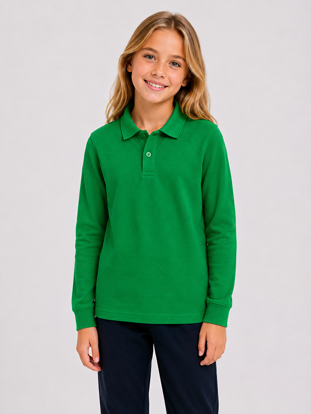 Yeşil Kids Polo Yaka Basic Uzun Kollu Unisex Kız Çocuk Tişört